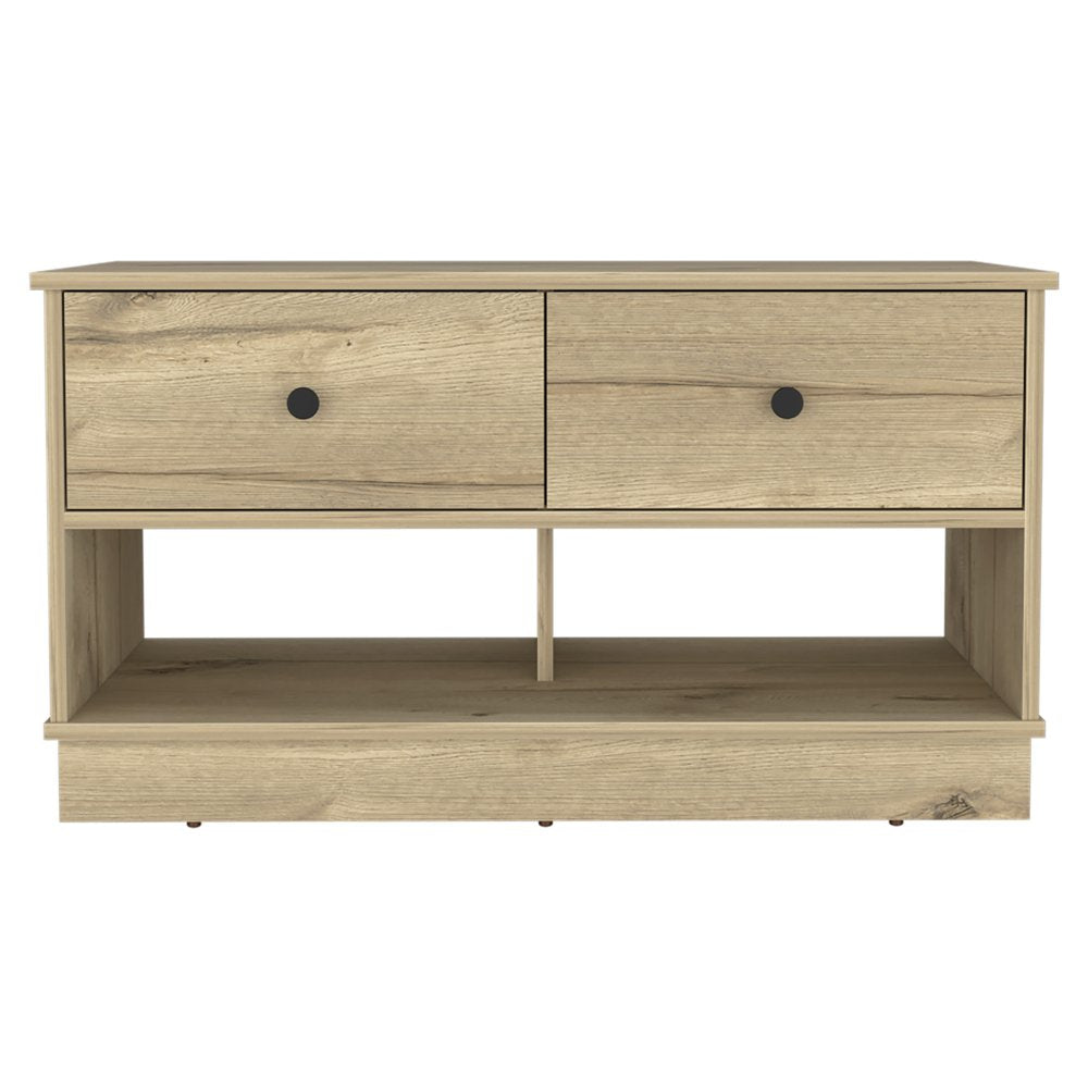 36" Natural And Oak Wood Storage Bench With Drawers Shoe Storage And Shelves — view 1