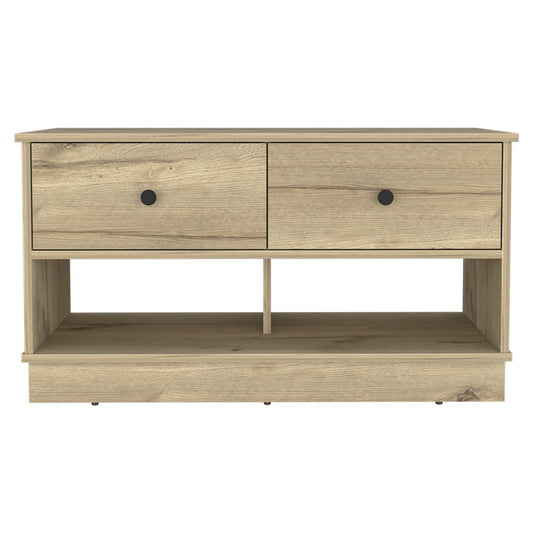 36" Natural And Oak Wood Storage Bench With Drawers Shoe Storage And Shelves