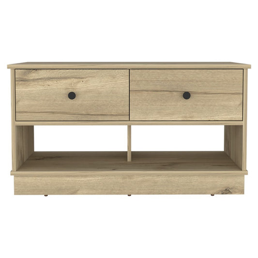 36" Natural And Oak Wood Manufactured Wood And Wood Storage Bench With Drawers Shoe Storage And Shelves