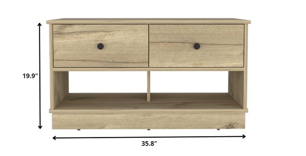 36" Natural And Oak Wood Storage Bench With Drawers Shoe Storage And Shelves — view 2