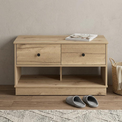 36" Natural And Oak Wood Storage Bench With Drawers Shoe Storage And Shelves HomeRoots