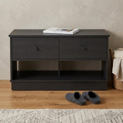 36" Black Wood Storage Entryway Stool With Drawers Shoe Storage And Shelves HomeRoots