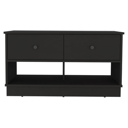 36" Black Wood Storage Entryway Stool With Drawers Shoe Storage And Shelves HomeRoots