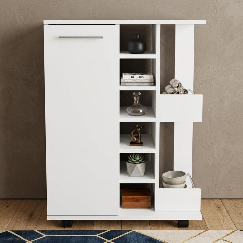White Rolling Bar Cart With Wine Storage HomeRoots