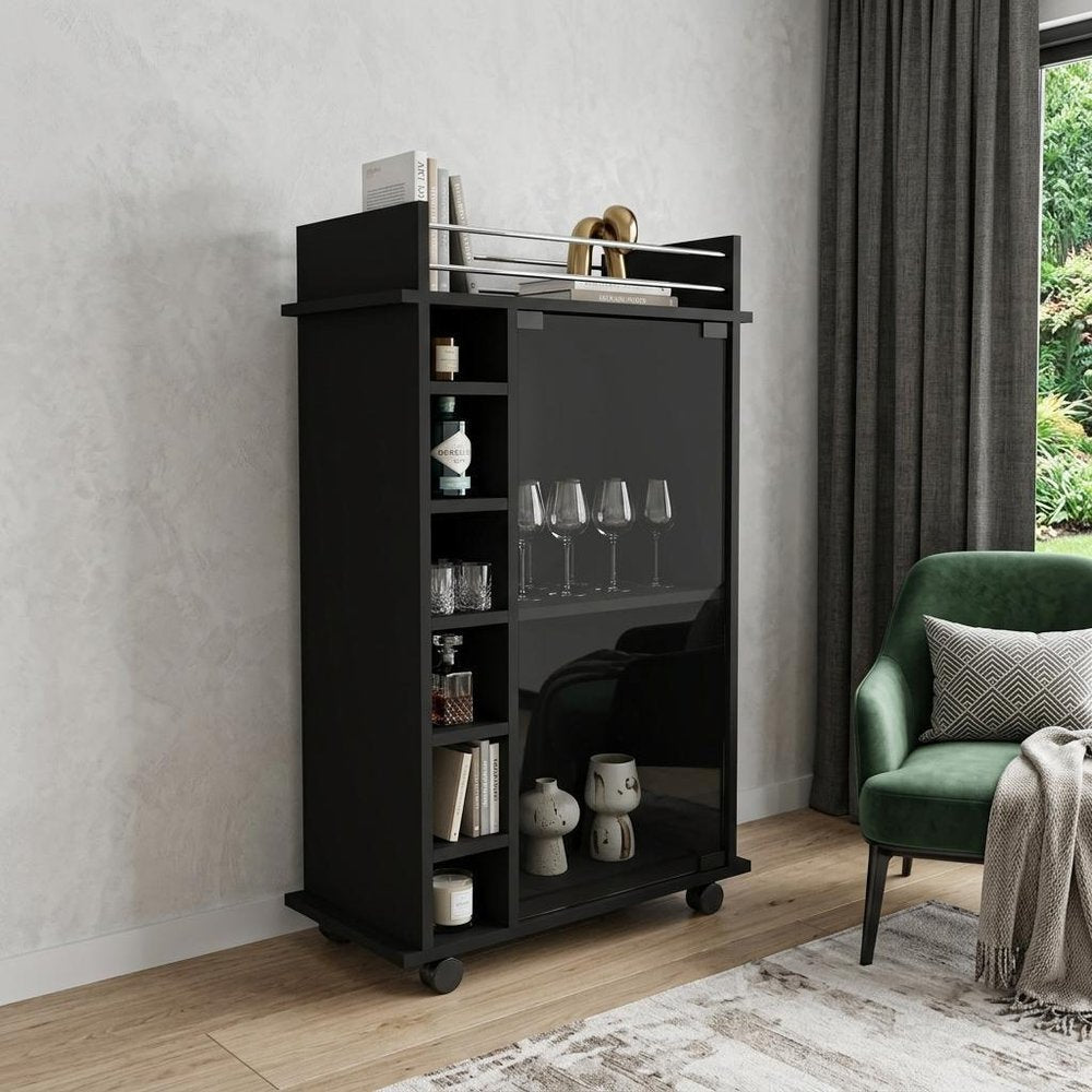 Black Rolling Bar Cart With Wine Storage HomeRoots