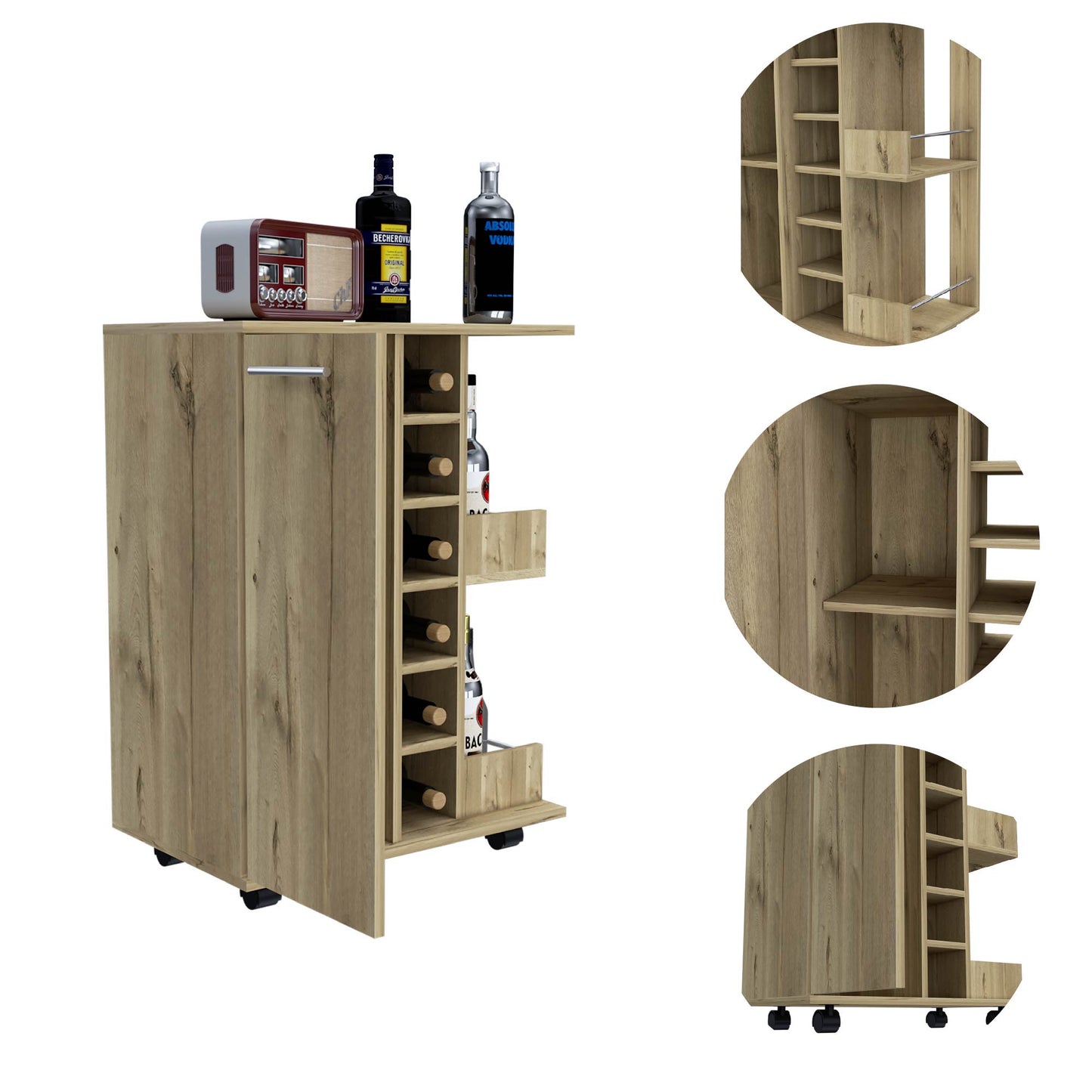 Brown Rolling Bar Cart With Wine Storage