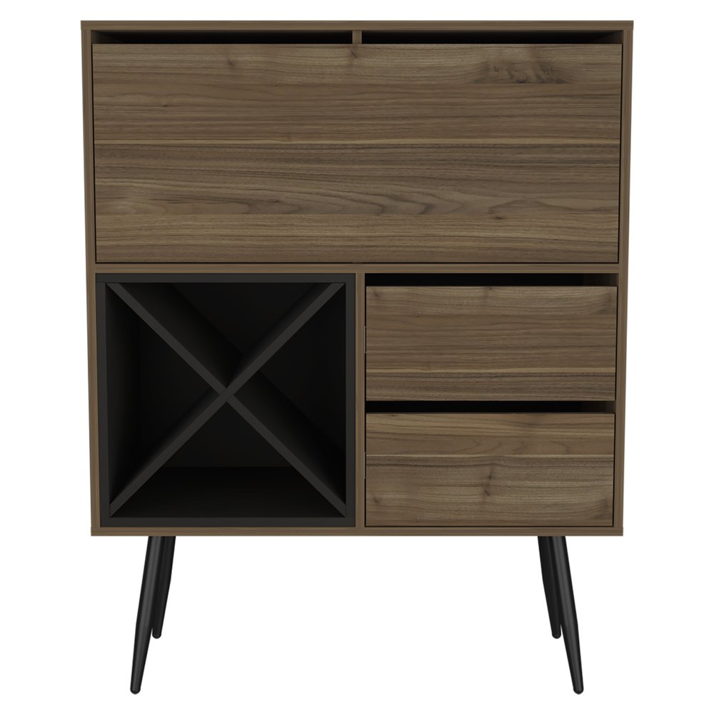 46" Dark Brown and Black Wood Console Bar Cabinet With Single Door And Two Drawers HomeRoots