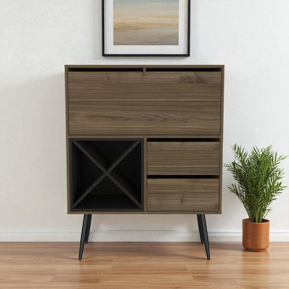46" Dark Brown and Black Wood Console Bar Cabinet With Single Door And Two Drawers HomeRoots
