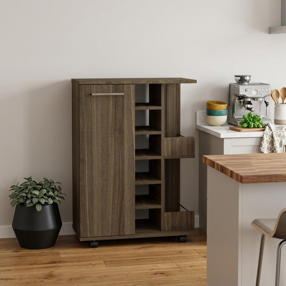 24" Walnut Wood Flat Door Rolling Kitchen Cart With Storage HomeRoots