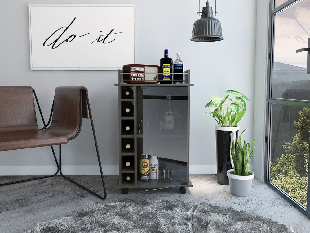 22" Espresso Wood Rolling Bar Cart With Wine Storage HomeRoots