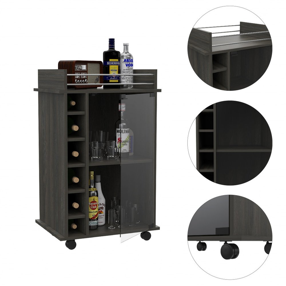 22" Espresso Wood Rolling Bar Cart With Wine Storage HomeRoots