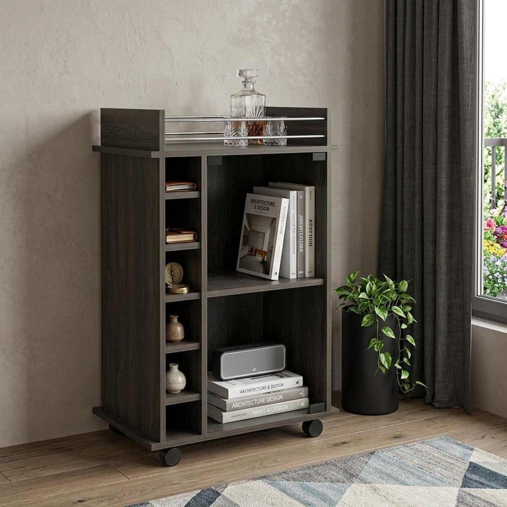 22" Espresso Wood Rolling Bar Cart With Wine Storage HomeRoots