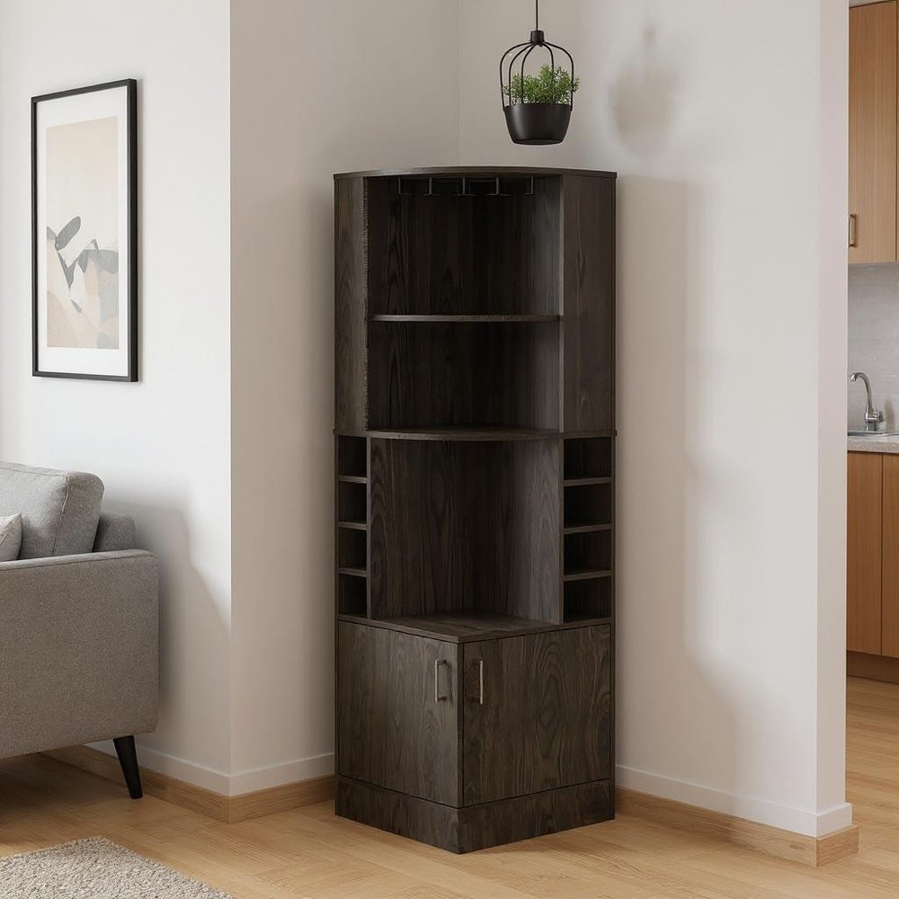 71" Dark Brown Wood Corner Bar Cabinet With Two Doors HomeRoots
