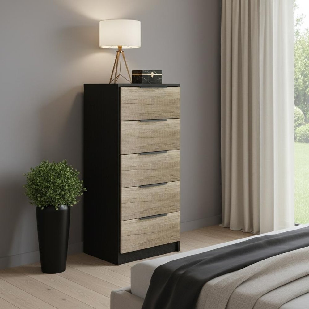 42" Black And Light Oak Manufactured Wood Five Drawer Chest HomeRoots
