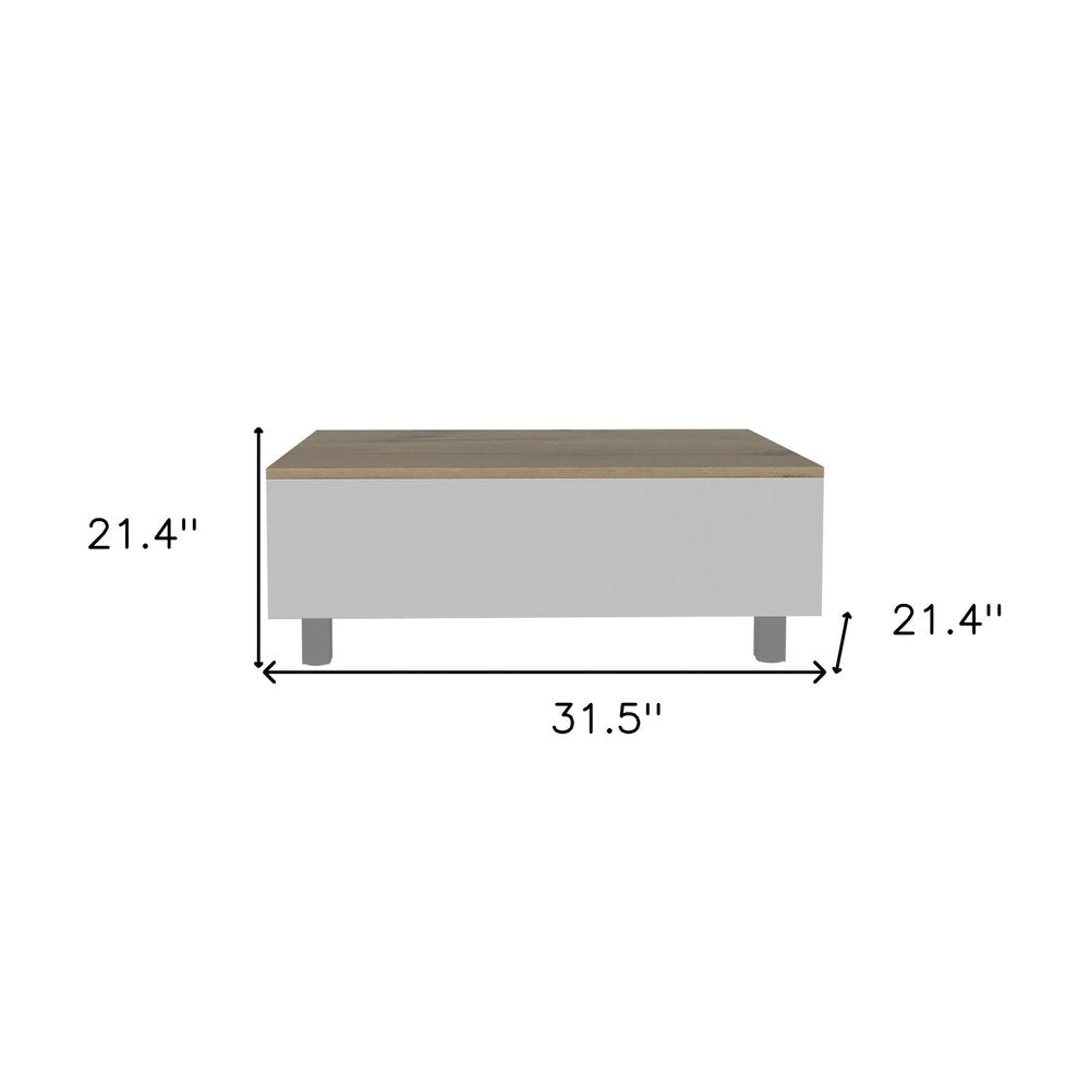 32" White And Light Oak Manufactured Wood Rectangular Lift Top Coffee Table With Drawer And Shelf HomeRoots