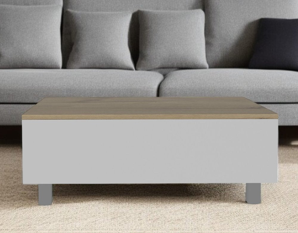 32" White And Light Oak Manufactured Wood Rectangular Lift Top Coffee Table With Drawer And Shelf HomeRoots