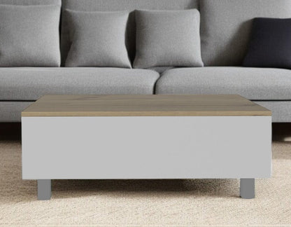 32" White And Light Oak Manufactured Wood Rectangular Lift Top Coffee Table With Drawer And Shelf HomeRoots