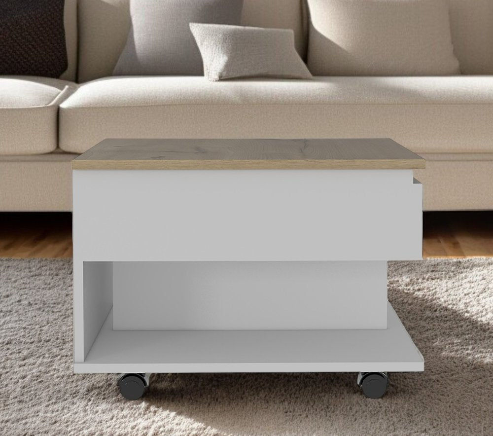 22" White And Light Oak Manufactured Wood Rectangular Coffee Table With Drawer HomeRoots