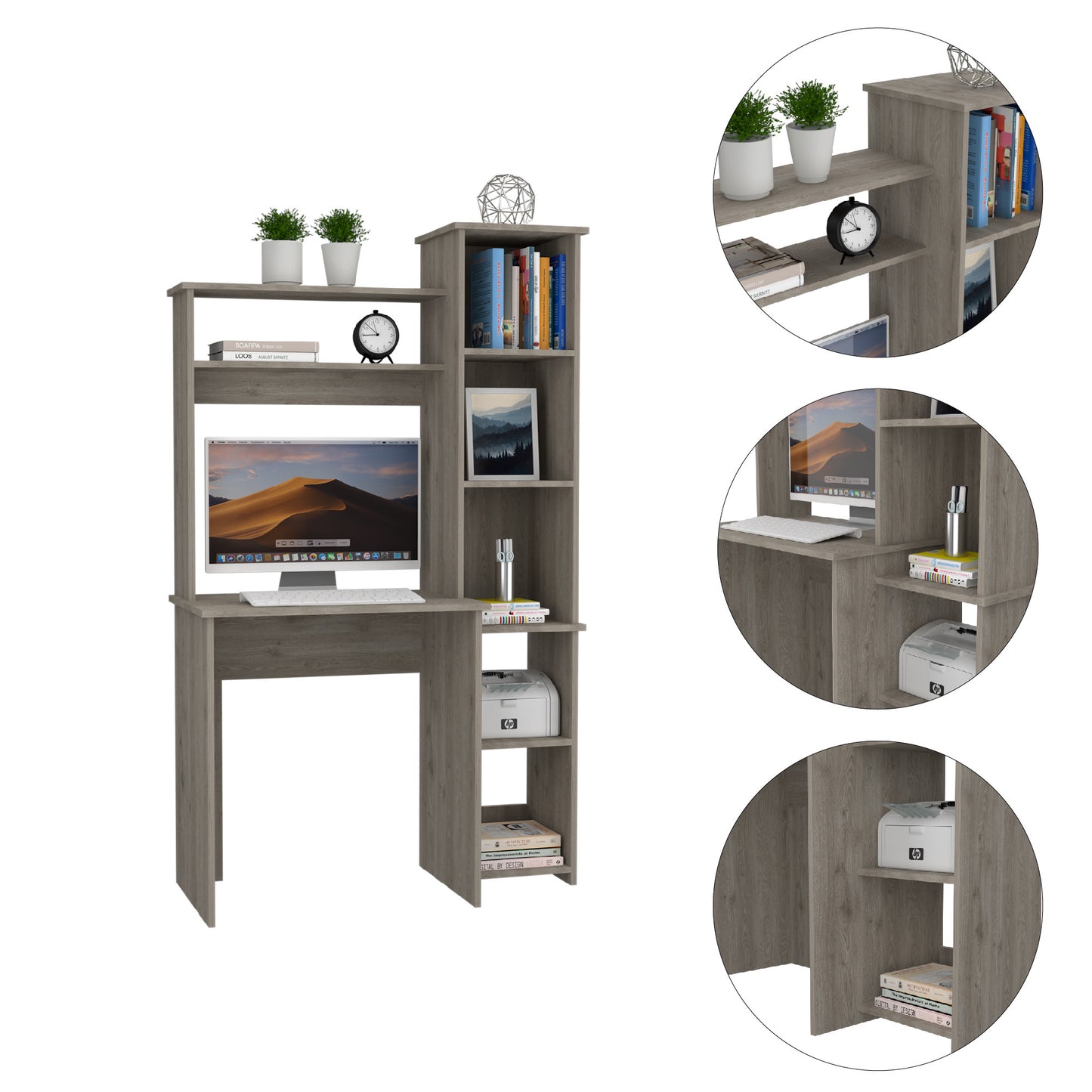 Modern Light Gray Office Desk with Storage Cabinet - FurniFindUSA