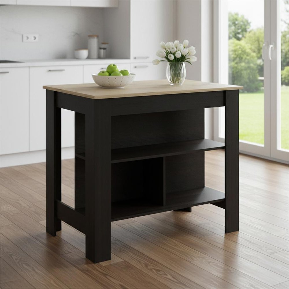 41" Natural And Black Wood Kitchen Island With Storage HomeRoots