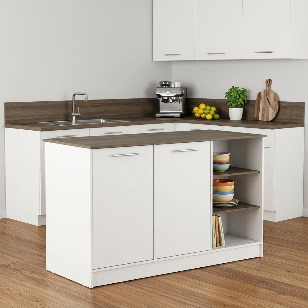 White and Brown 59" Kitchen Island With Storage HomeRoots