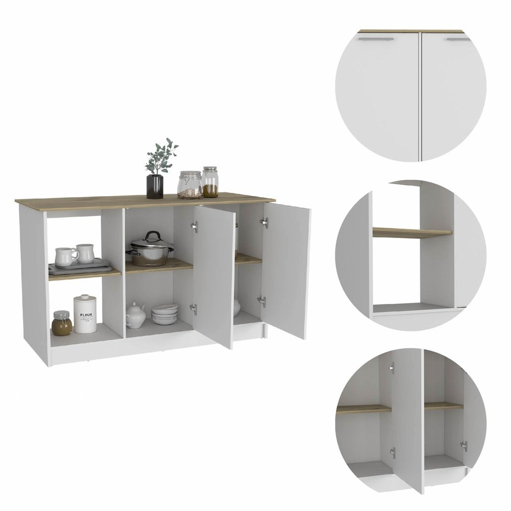 White and Brown 59" Kitchen Island With Storage HomeRoots