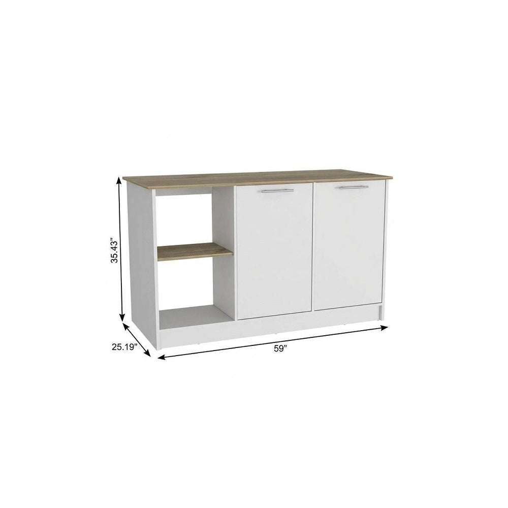 White and Brown 59" Kitchen Island With Storage HomeRoots