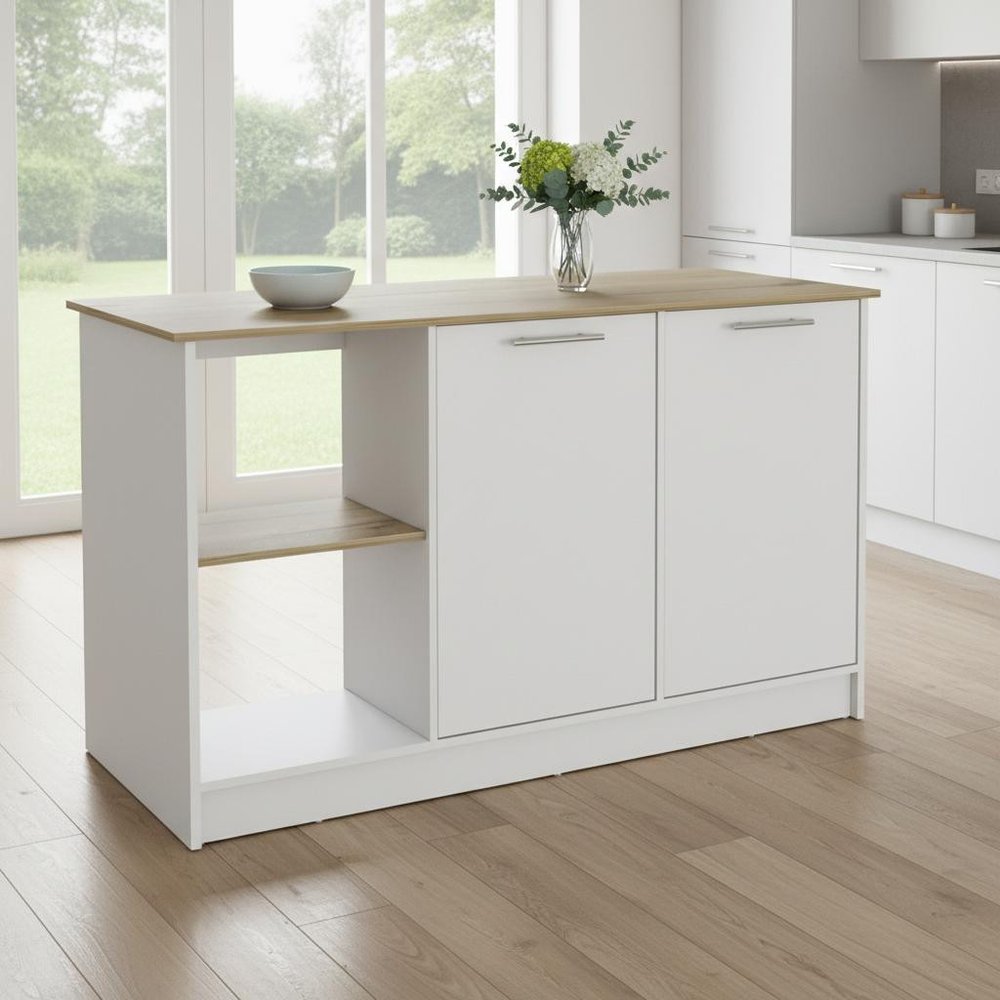White and Brown 59" Kitchen Island With Storage HomeRoots