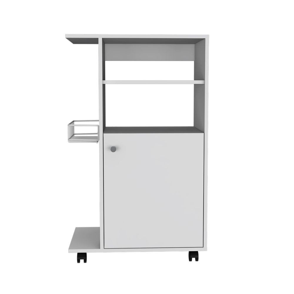 24" White Wood Flat Door Rolling Kitchen Cart With Storage HomeRoots