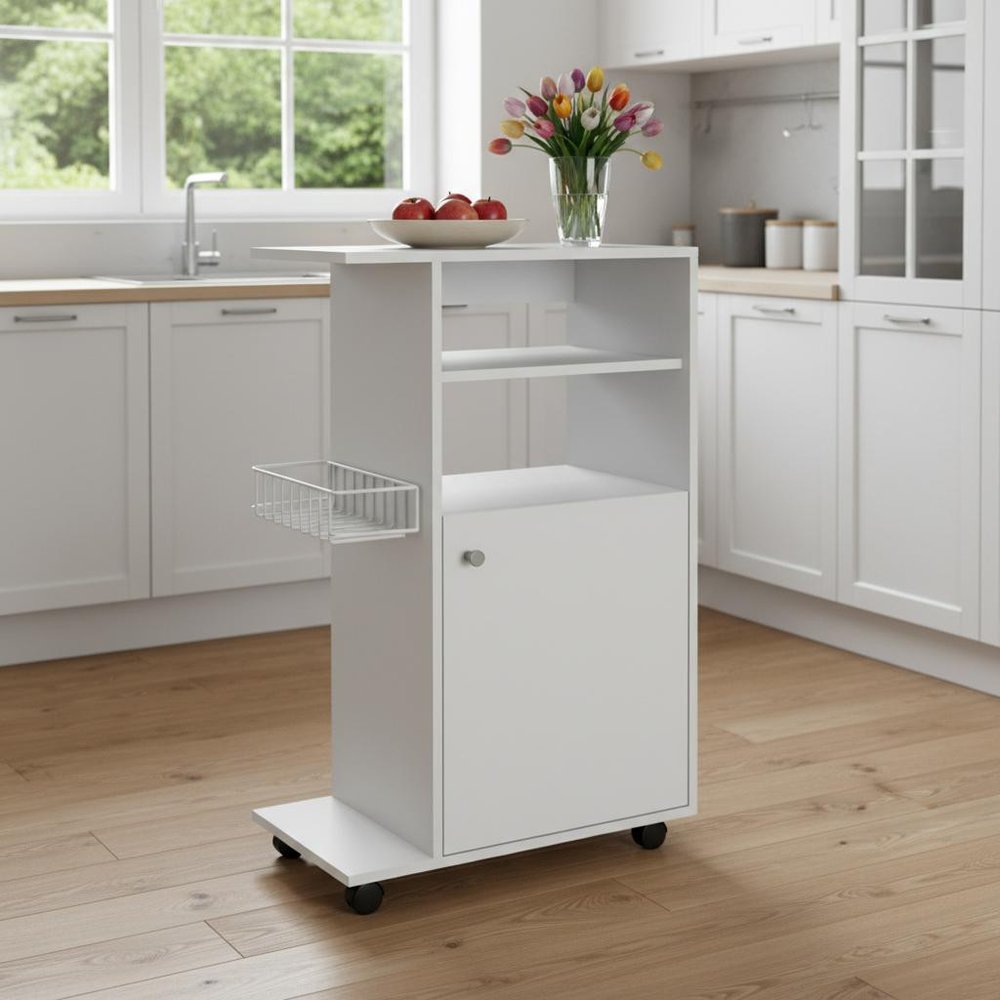 24" White Wood Flat Door Rolling Kitchen Cart With Storage HomeRoots