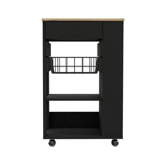 22" Natural And Black Wood Rolling Kitchen Cart With Storage HomeRoots