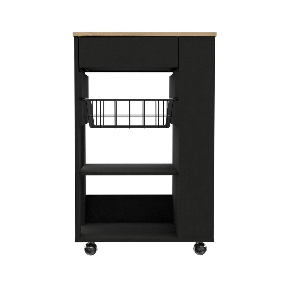 22" Natural And Black Wood Rolling Kitchen Cart With Storage HomeRoots