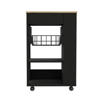22" Natural And Black Wood Rolling Kitchen Cart With Storage HomeRoots