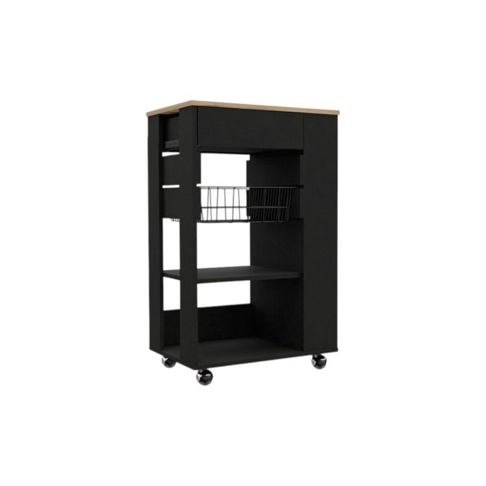 22" Natural And Black Wood Rolling Kitchen Cart With Storage HomeRoots