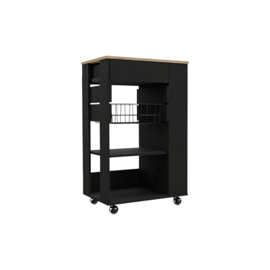 22" Natural And Black Wood Rolling Kitchen Cart With Storage HomeRoots