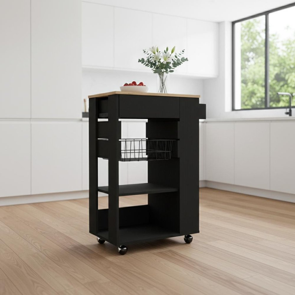 22" Natural And Black Wood Rolling Kitchen Cart With Storage HomeRoots