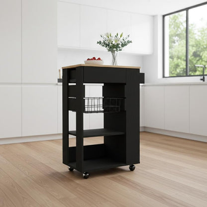 22" Natural And Black Wood Rolling Kitchen Cart With Storage HomeRoots