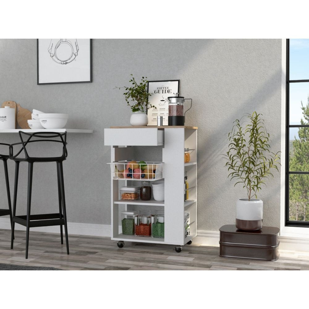 White and Brown 22" Rolling Kitchen Cart With Storage HomeRoots