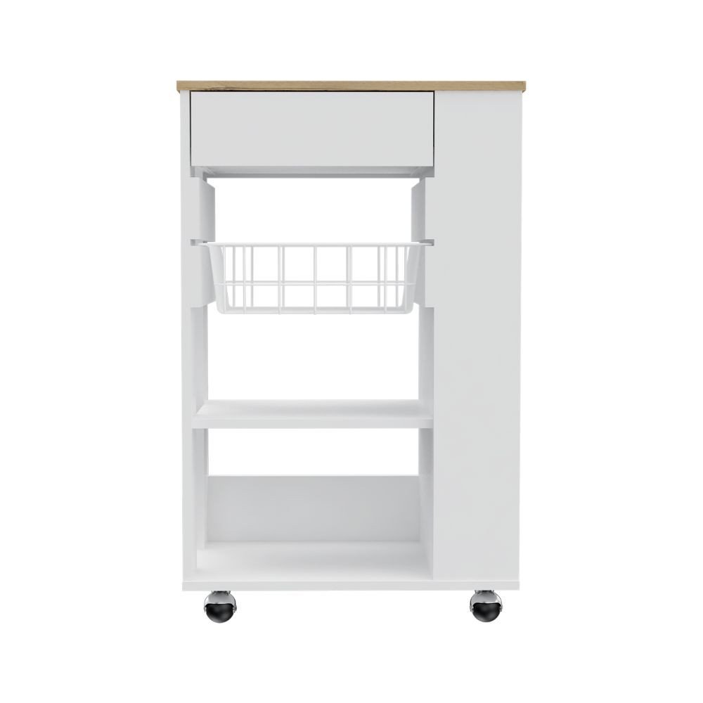 22" Brown And White Wood Rolling Kitchen Cart With Storage HomeRoots