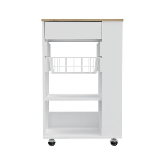 22" Brown And White Wood Rolling Kitchen Cart With Storage HomeRoots