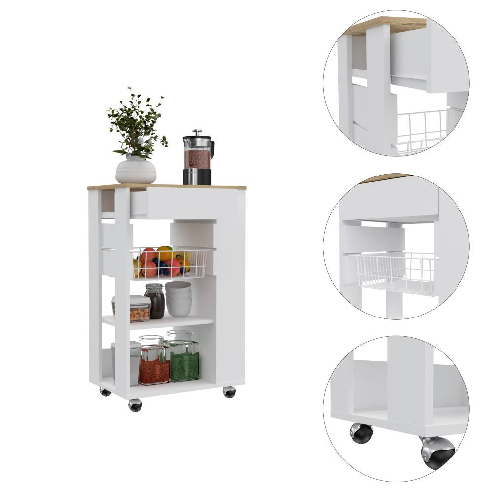 Sleek White and Light Oak Portable Kitchen Cart