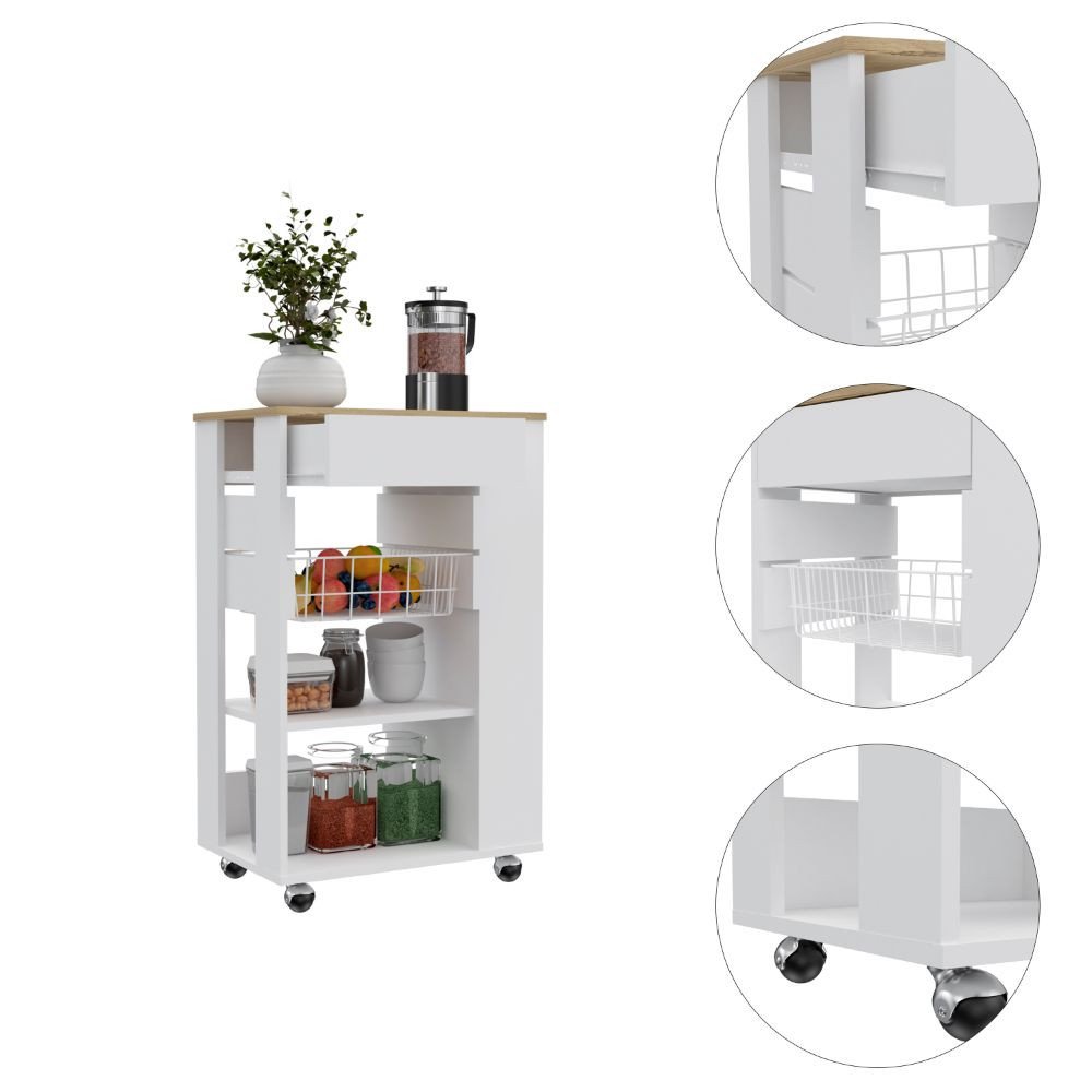 22" Brown And White Wood Rolling Kitchen Cart With Storage — view 2