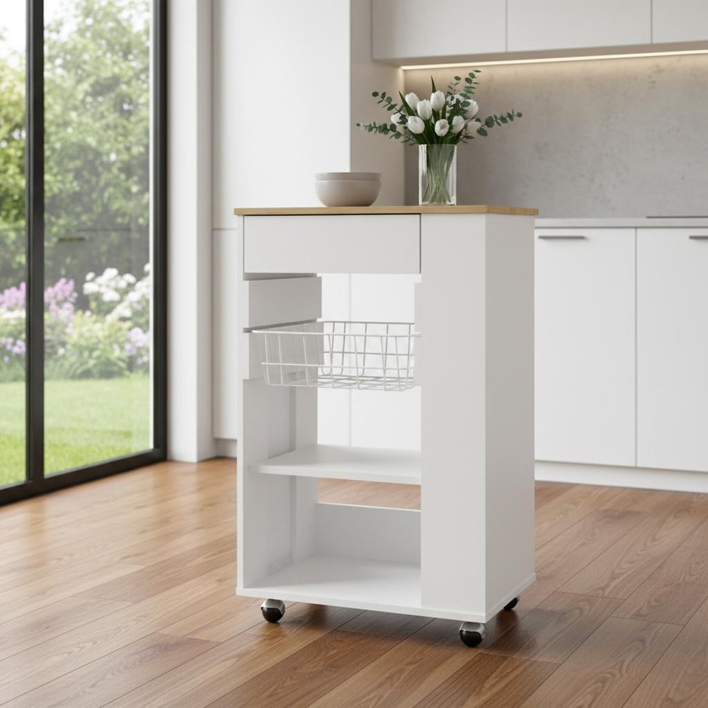 White and Brown 22" Rolling Kitchen Cart With Storage HomeRoots