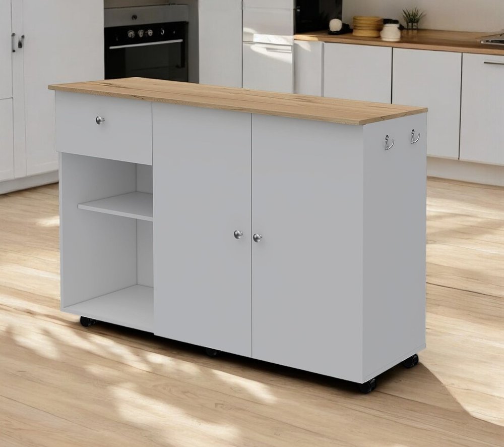 White and Natural 54" Rolling Kitchen Island With Storage HomeRoots
