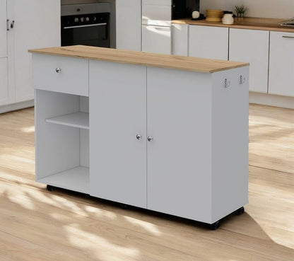 White and Natural 54" Rolling Kitchen Island With Storage HomeRoots