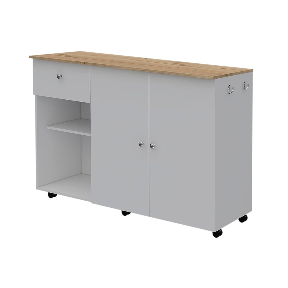 54" Natural and White Wood Flat Door Rolling Kitchen Island With Storage HomeRoots