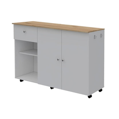 54" Natural and White Wood Flat Door Rolling Kitchen Island With Storage HomeRoots