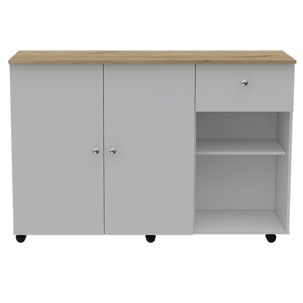 54" Natural and White Wood Flat Door Rolling Kitchen Island With Storage HomeRoots