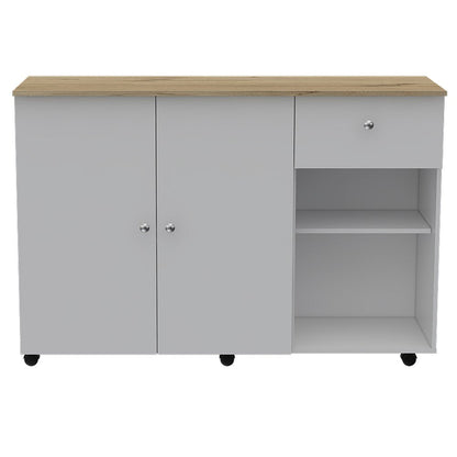 54" Natural and White Wood Flat Door Rolling Kitchen Island With Storage HomeRoots