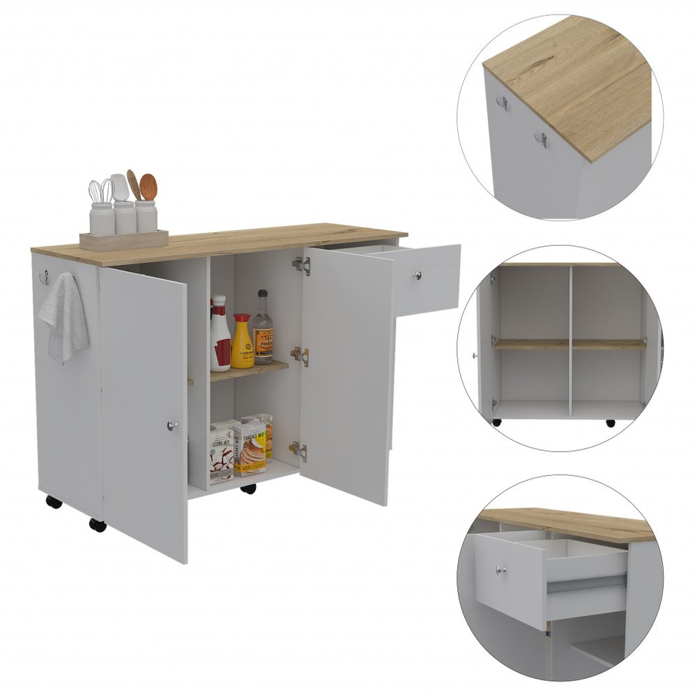 54" Natural and White Wood Flat Door Rolling Kitchen Island With Storage HomeRoots